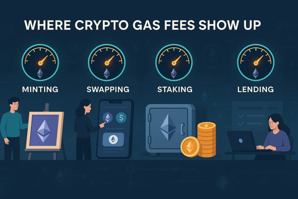 Where Crypto Gas Fees Show Up Infographic showing crypto gas fees for minting, swapping, staking, and lending.