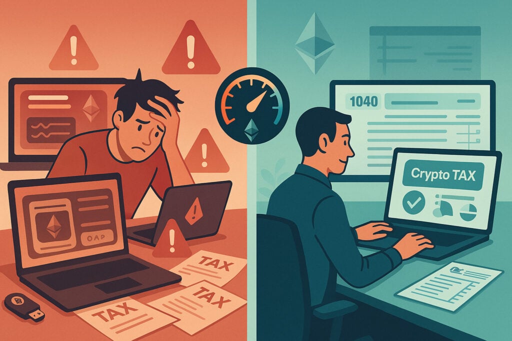 Crypto Tax: Mistakes vs. Best Practices Split-screen showing crypto tax mistakes vs. organized tax reporting