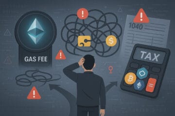 User stands at crossroads with crypto gas fees, DeFi icons, and tax symbols in view.