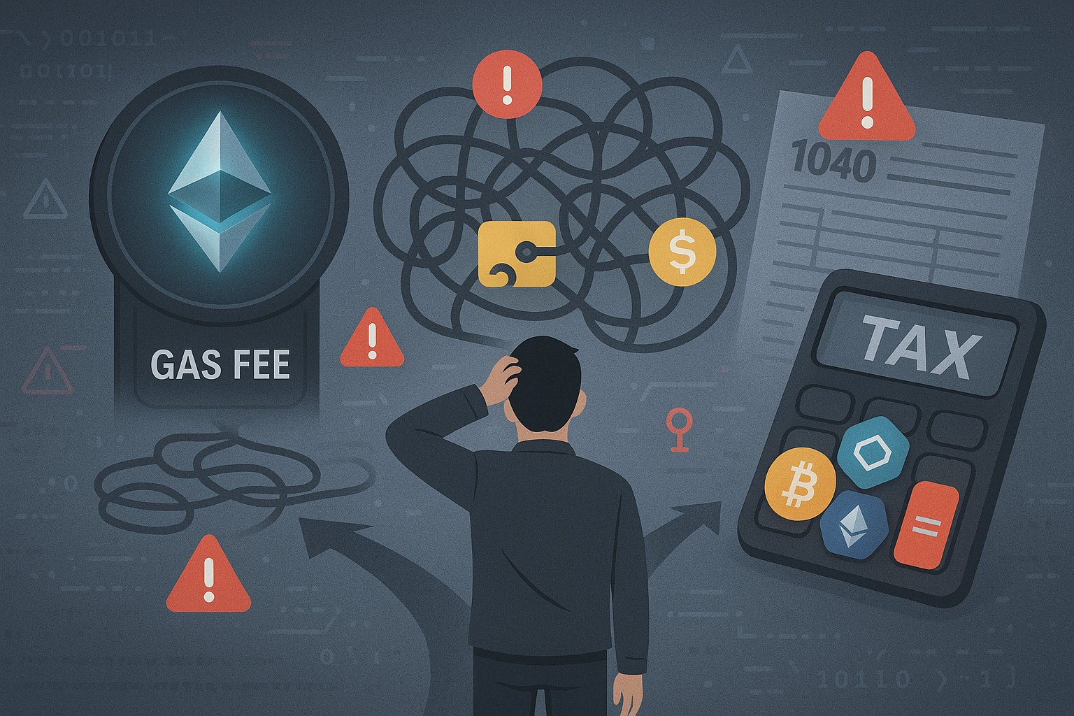 User stands at crossroads with crypto gas fees, DeFi icons, and tax symbols in view.