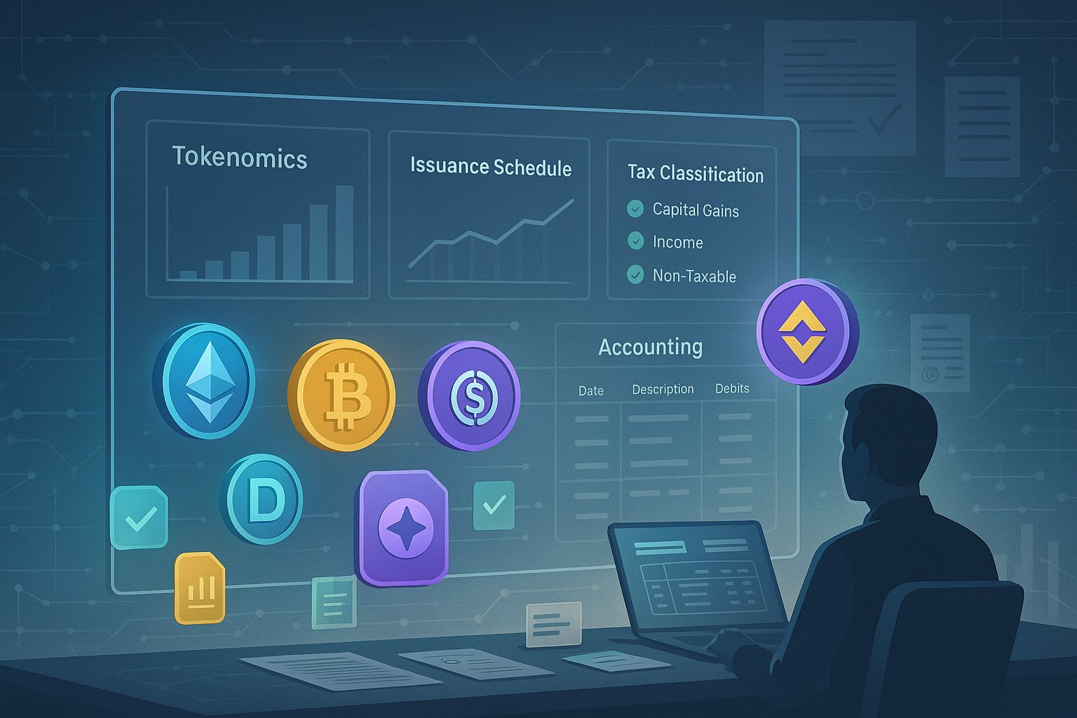 Web3 token launch dashboard with tokenomics, tax classifications, and compliance tracking.