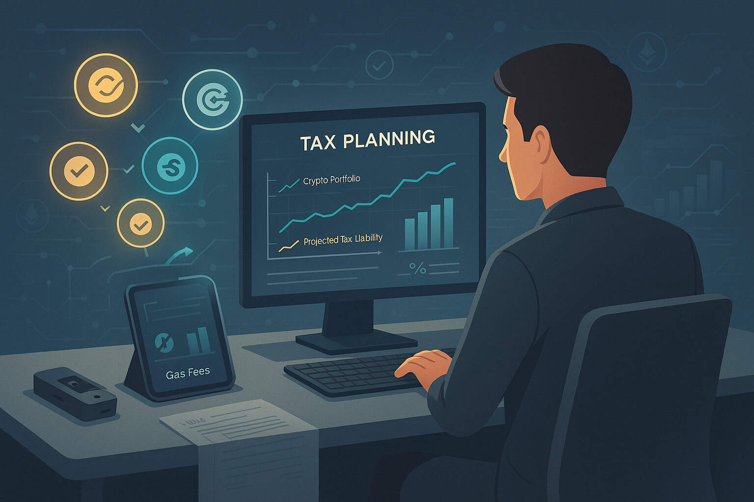 Crypto tax planning with gas fee deductions lowering projected tax liability.
