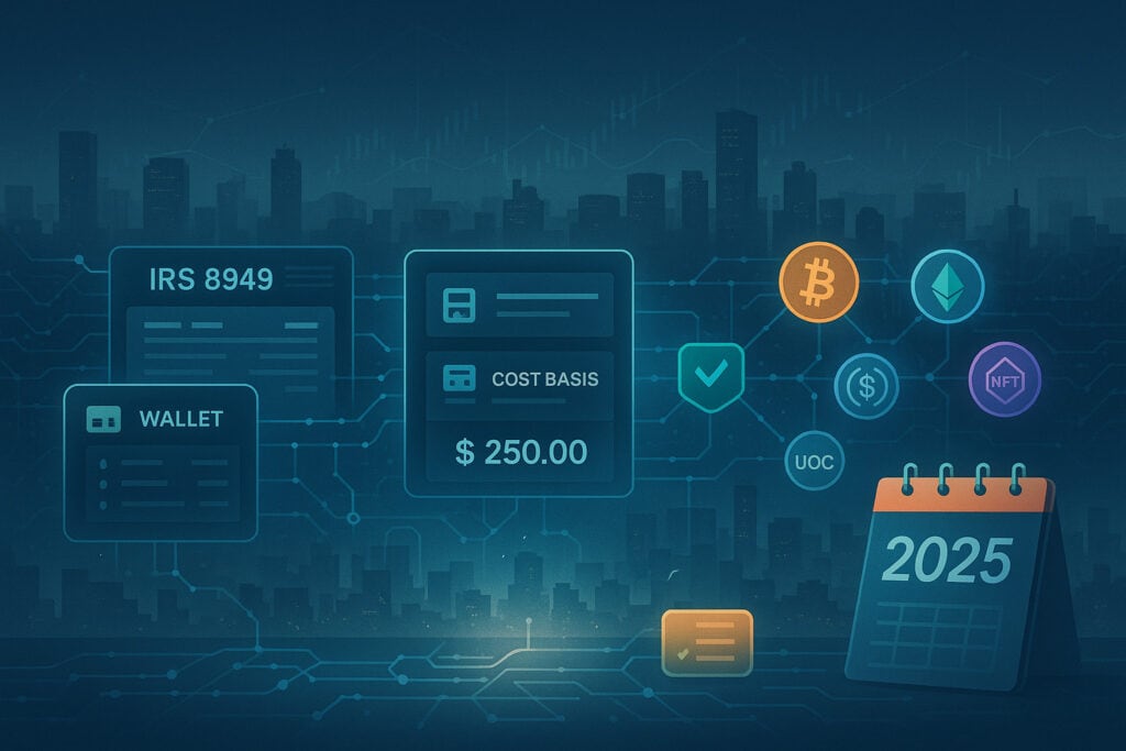 2025 crypto tax landscape connecting wallets, transactions, cost basis, and IRS compliance.