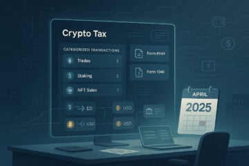 2025 crypto tax compliance dashboard with transactions, IRS forms, and April deadline.