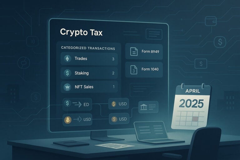 2025 crypto tax compliance dashboard with transactions, IRS forms, and April deadline.