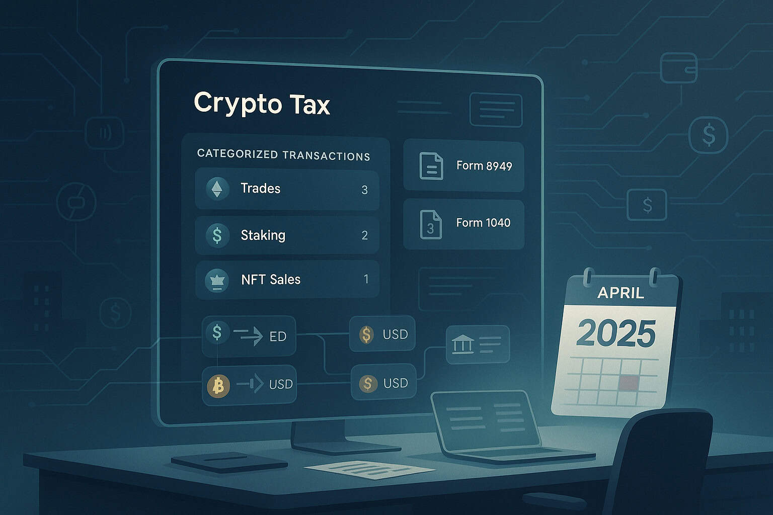 2025 crypto tax compliance dashboard with transactions, IRS forms, and April deadline.
