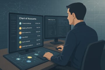 Web3 accounting: chart of accounts showing token holdings, staking rewards, NFT inventory, gas fees, DeFi interest, and DAO contributions.