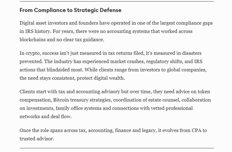 Patrick Camuso: "In crypto, success isn't just measured in tax returns filed, it's measured in disasters prevented."