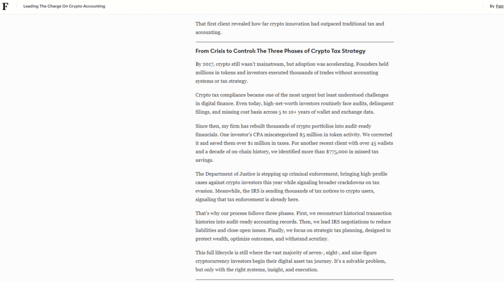 Forbes highlights Camuso CPA's proprietary on-chain tax and accounting system.