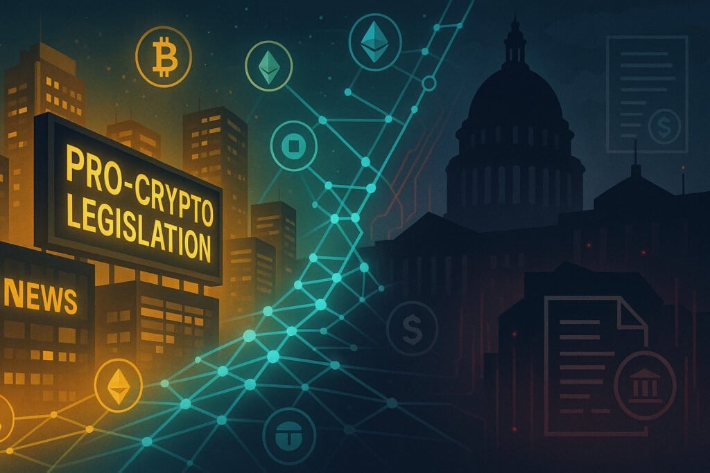 Pro crypto policy cityscape and government oversight, blockchain network bridging opportunity and regulatory risk.