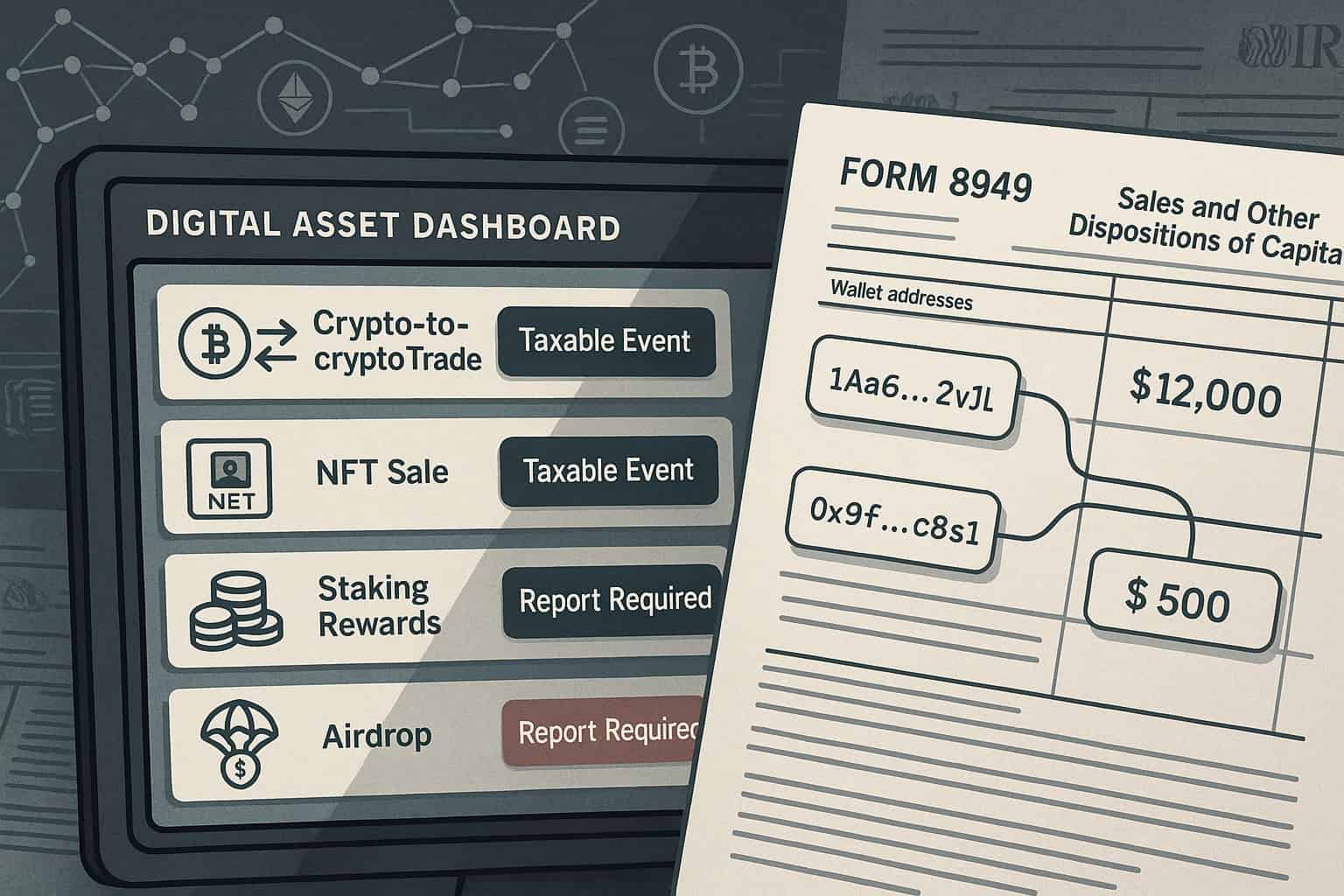 Stable taxes, Form 8949, crypto trades, NFT sales, staking, airdrops.