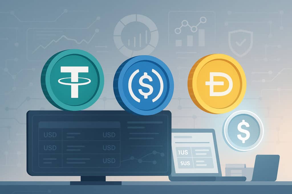 USDT, USDC, and DAI stablecoin taxes showing blockchain backed 1:1 USD value stability. USDT, USDC, and DAI stablecoin taxes showing blockchain backed 1:1 USD value stability.
