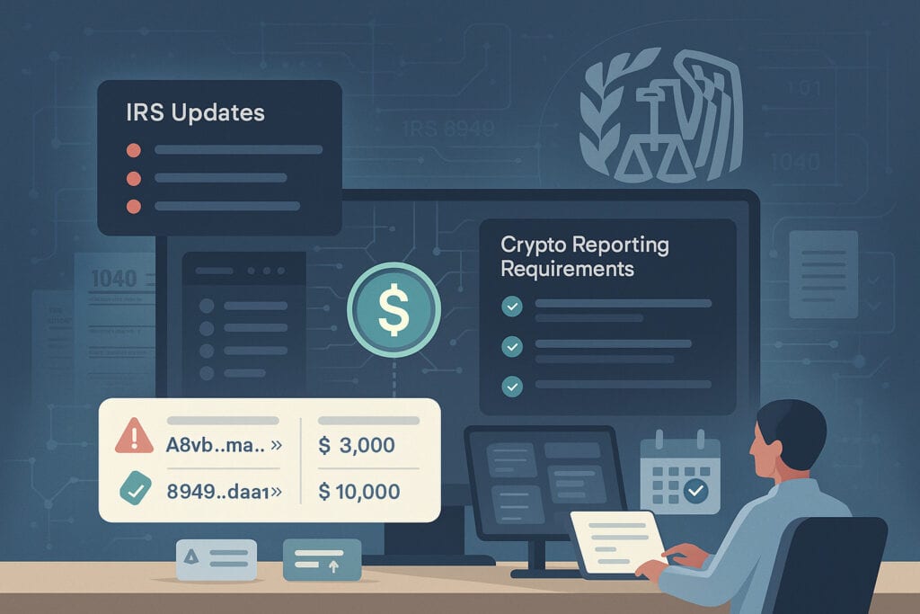 IRS crypto compliance dashboard showing updated reporting requirements and flagged transactions.