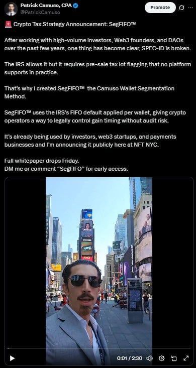 Patrick Camuso in Times Square discussing SegFIFO™ after his speech during NFT NYC in 2025. 
