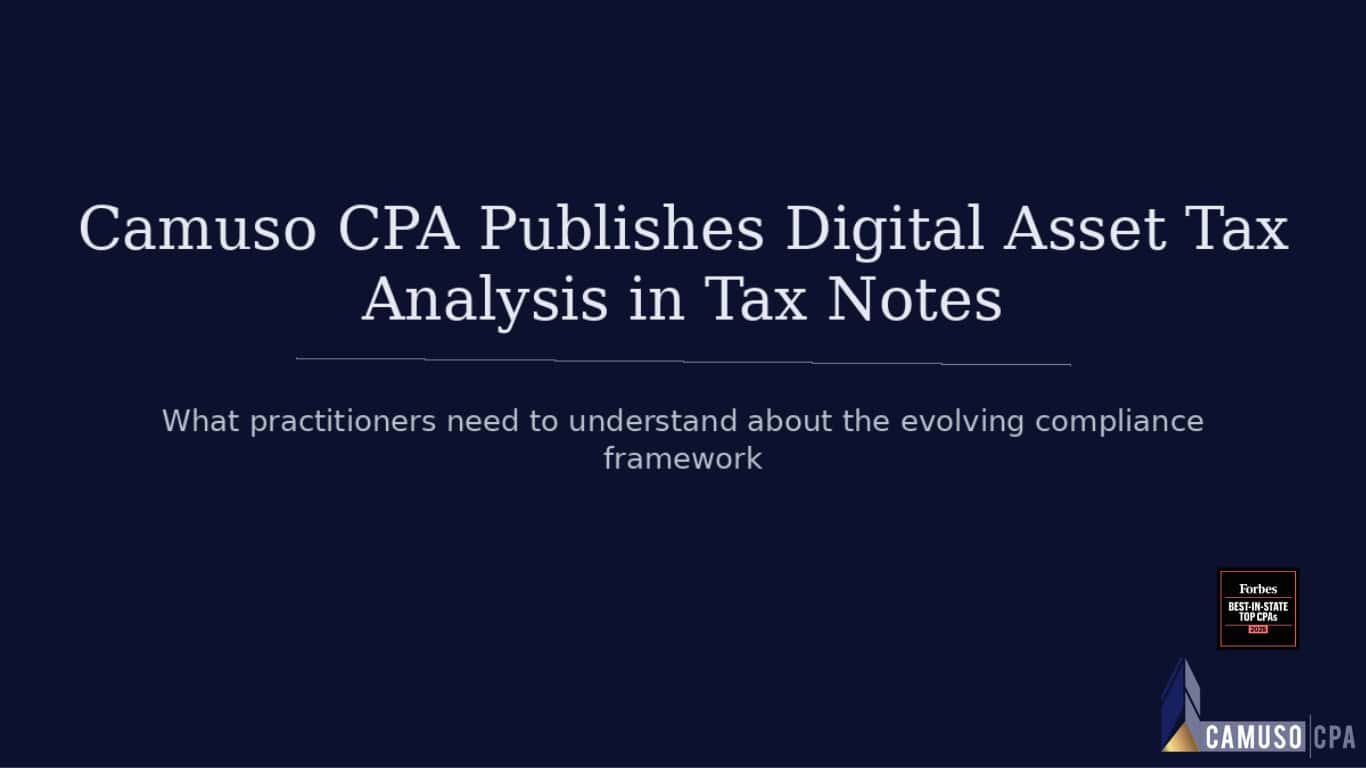 Camuso CPA Publishes Digital Asset Tax Analysis in Tax Notes