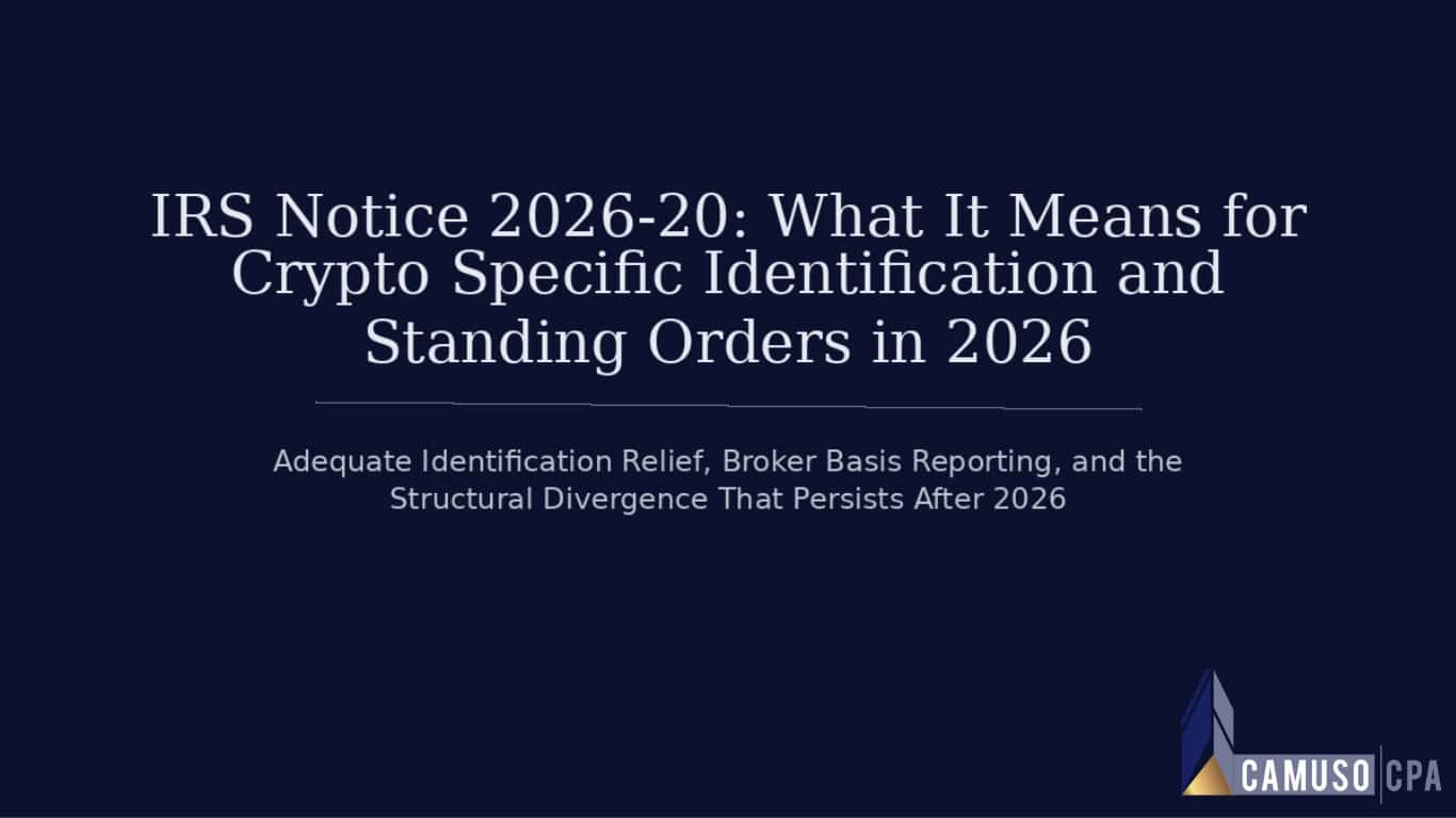 IRS Notice 2026-20: What It Means for Crypto Specific Identification and Standing Orders in 2026