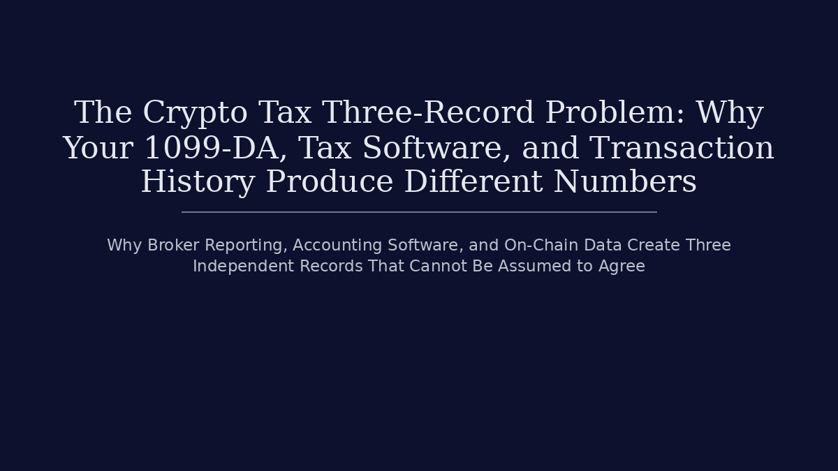 The Crypto Tax Three-Record Problem: Why Your 1099-DA, Tax Software, and Transaction History Produce Different Numbers