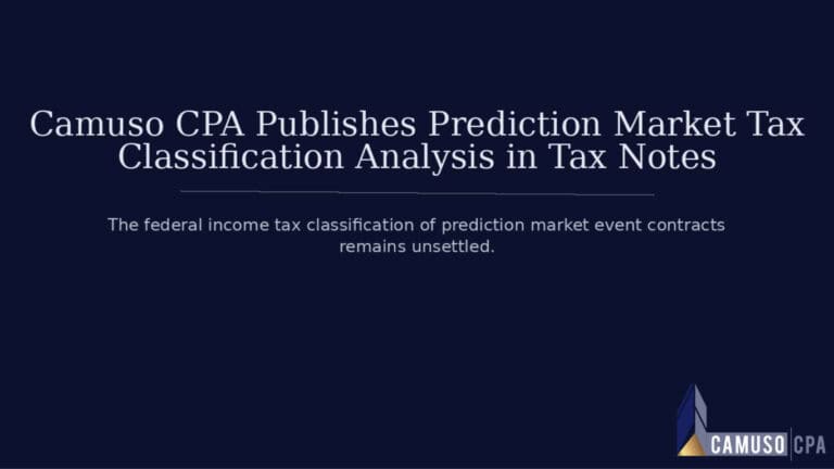 Camuso CPA Publishes Prediction Market Tax Classification Analysis in Tax Notes